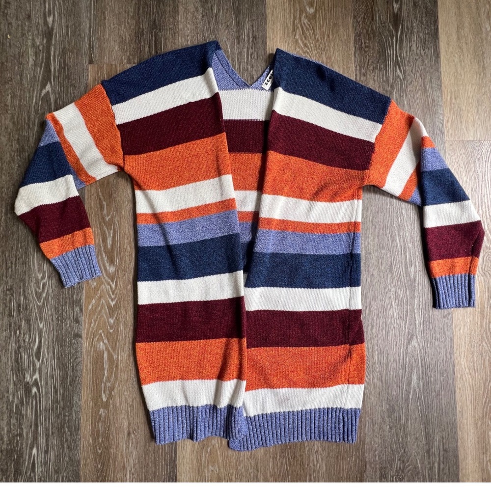 ECOWISH Cardigan Sweater Womens Medium Multi-Color Striped Open Front Longline